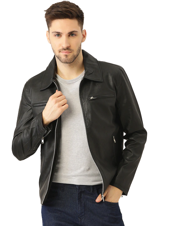 Leather Retail Men's Solid Biker Jacket (LRM33BL)