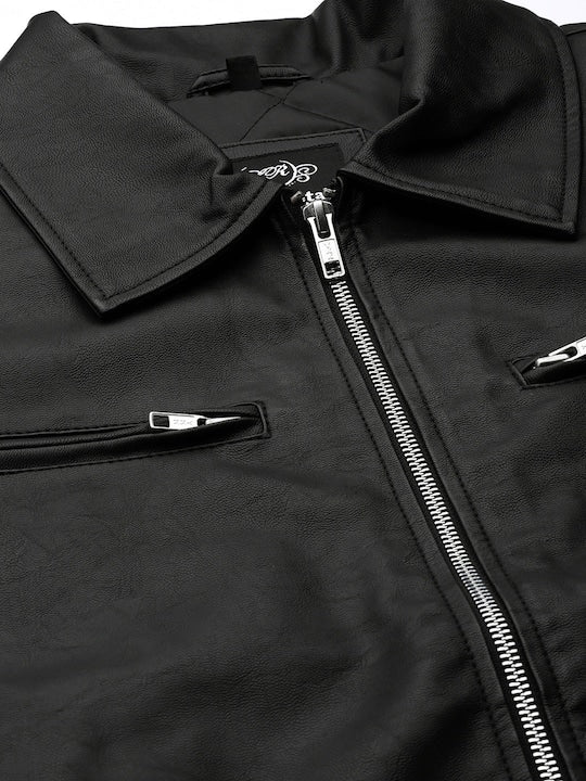 Leather Retail Men's Solid Biker Jacket (LRAIM33BL)