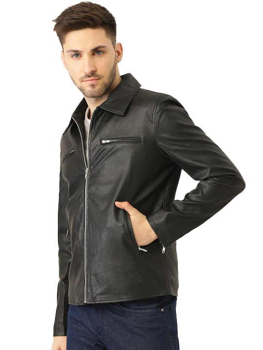 Leather Retail Men's Solid Biker Jacket (LRM33BL)