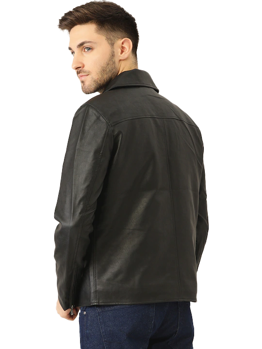 Leather Retail Men's Solid Biker Jacket (LRM33BL)