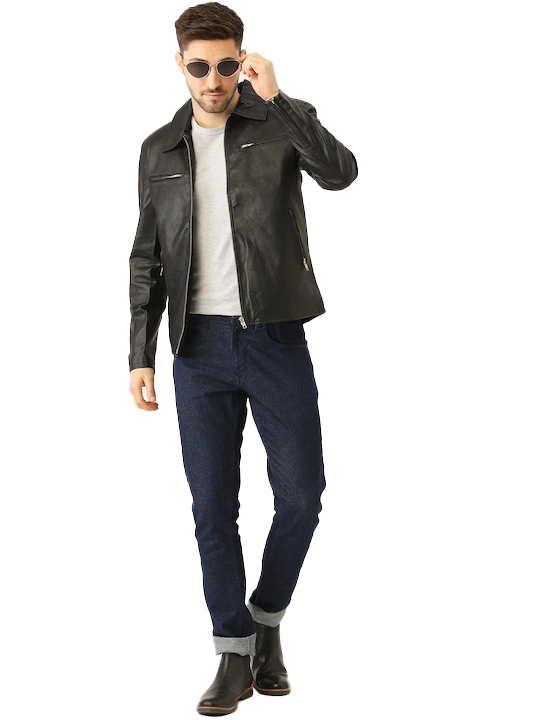 Leather Retail Men's Solid Biker Jacket (LRM33BL)