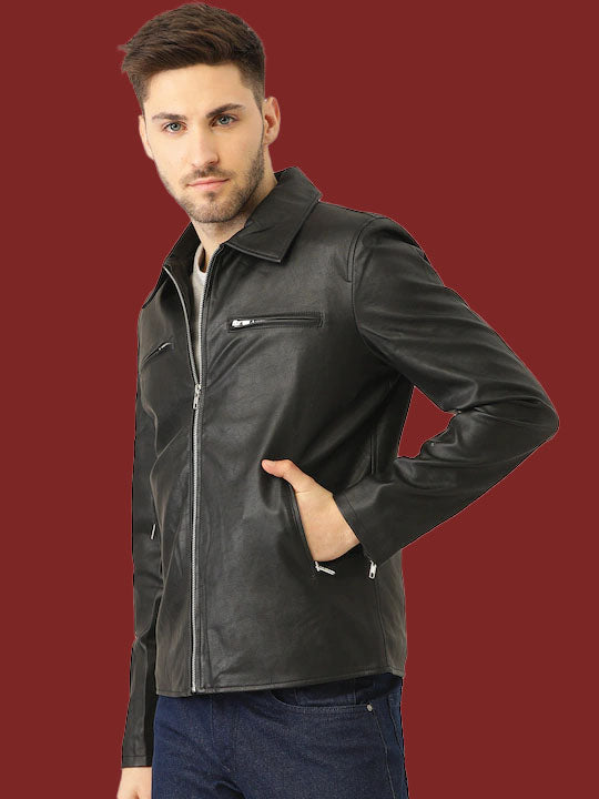 Leather Retail Men's Solid Biker Jacket(LRM33BL)