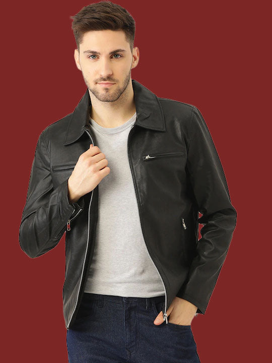 Leather Retail Men's Solid Biker Jacket(LRM33BL)