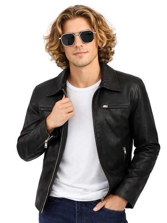 Leather Retail Men's Solid Biker Jacket (LRAIM33BL)