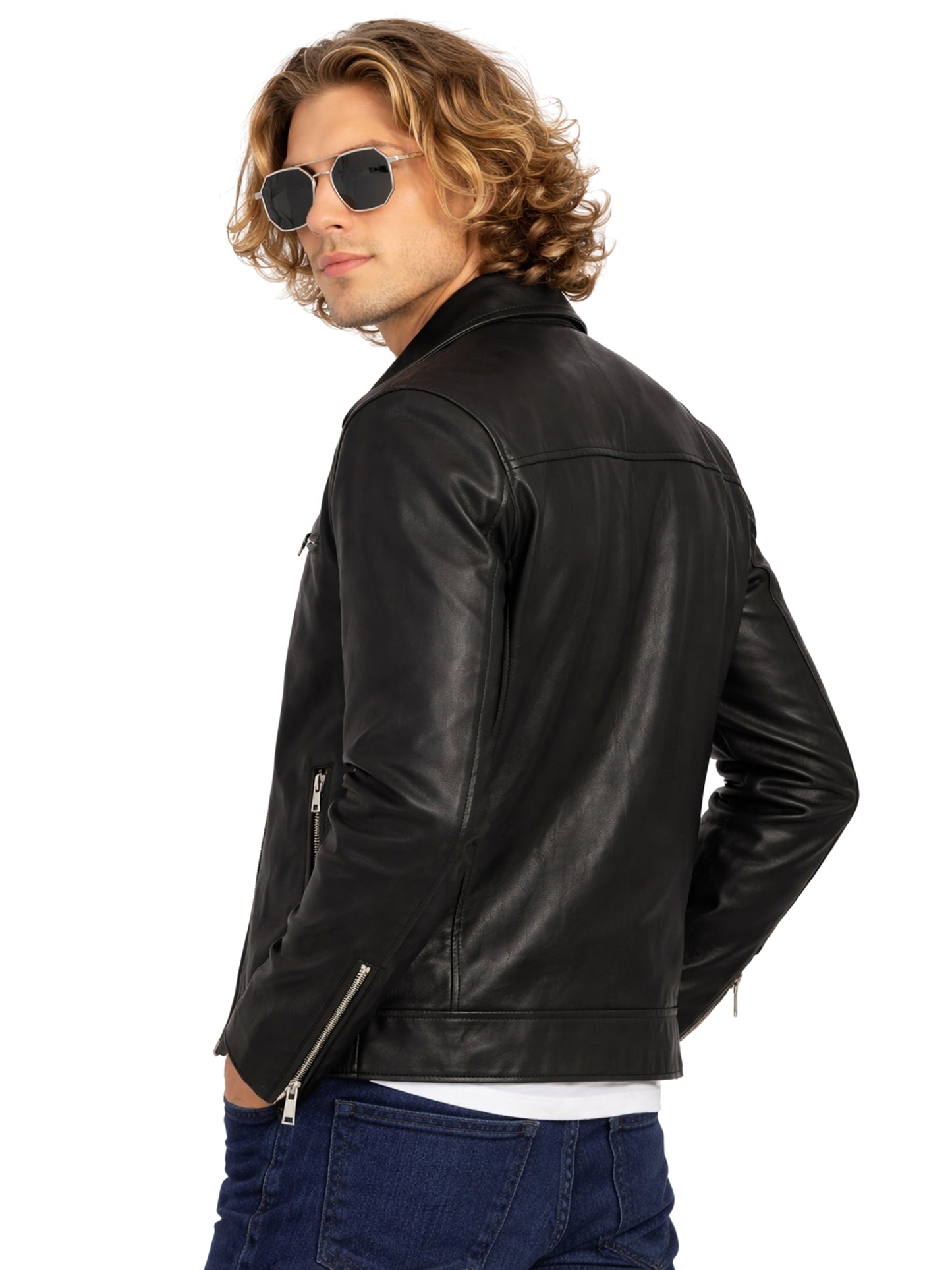 Leather Retail Men's Solid Biker Jacket (LRAIM33BL)