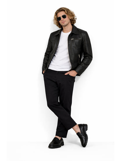 Leather Retail Men's Solid Biker Jacket (LRAIM33BL)