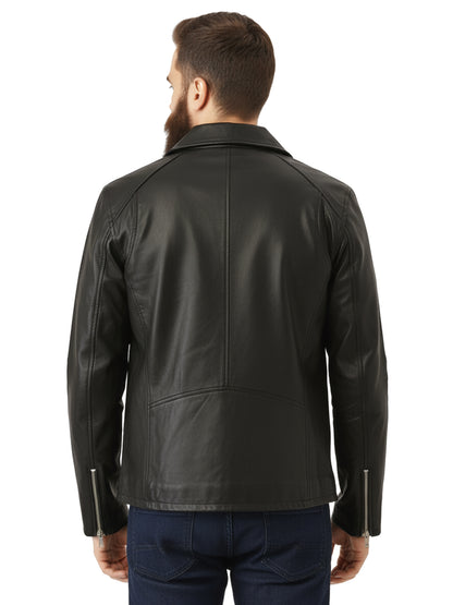 Leather Retail Men's Solid Biker Jacket (LRAIM33BL)