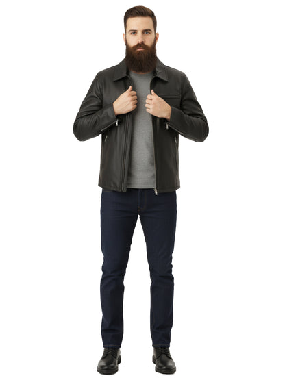 Leather Retail Men's Solid Biker Jacket (LRAIM33BL)