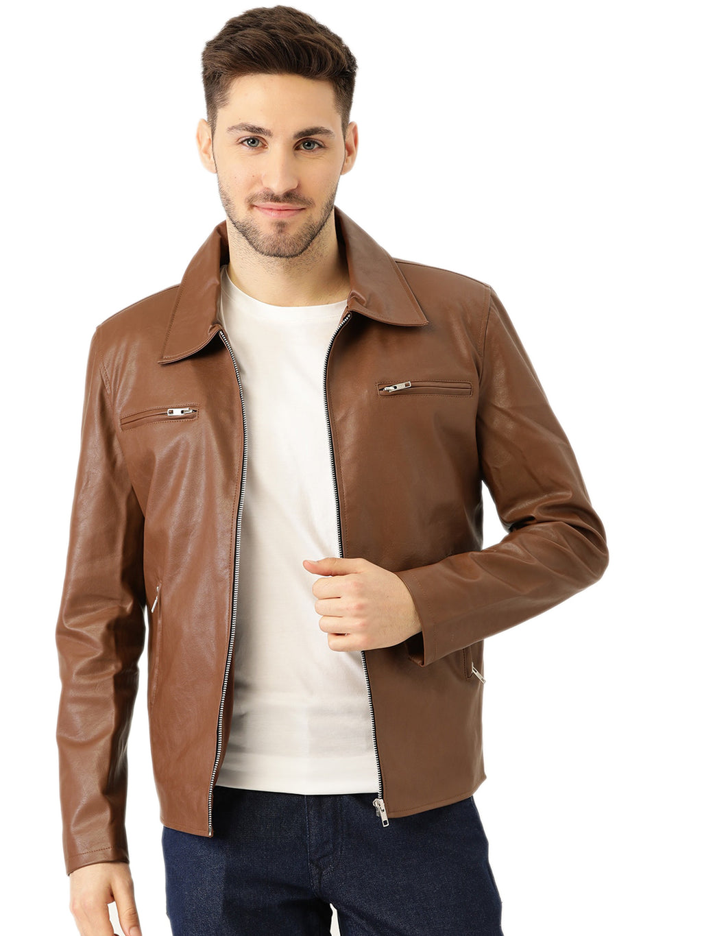 Leather Retail Men's Solid Biker Jacket ( LRM33BR )