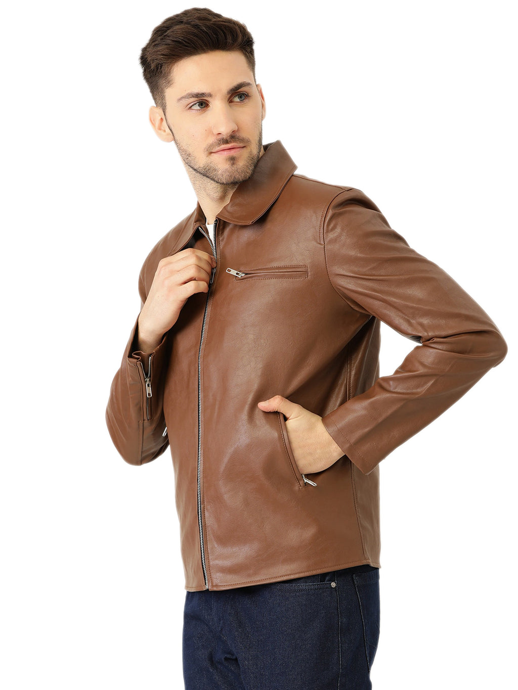 Leather Retail Men's Solid Biker Jacket ( LRM33BR )