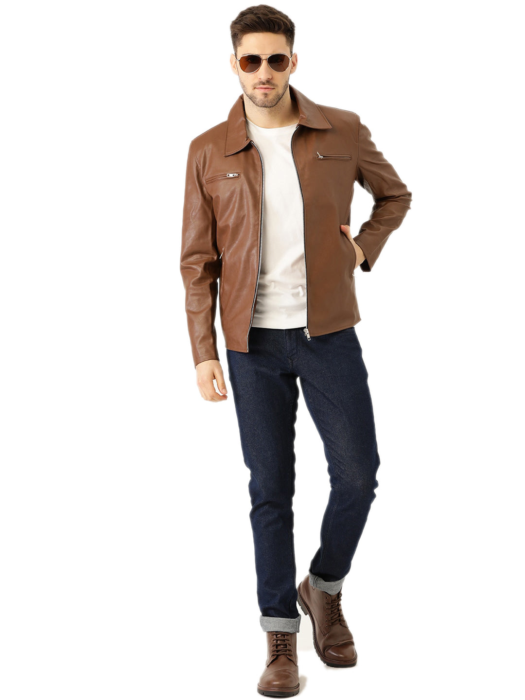 Leather Retail Men's Solid Biker Jacket ( LRM33BR )