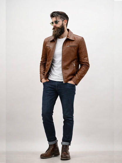 Leather Retail Men's Solid Biker Jacket ( LRAIM33BR )