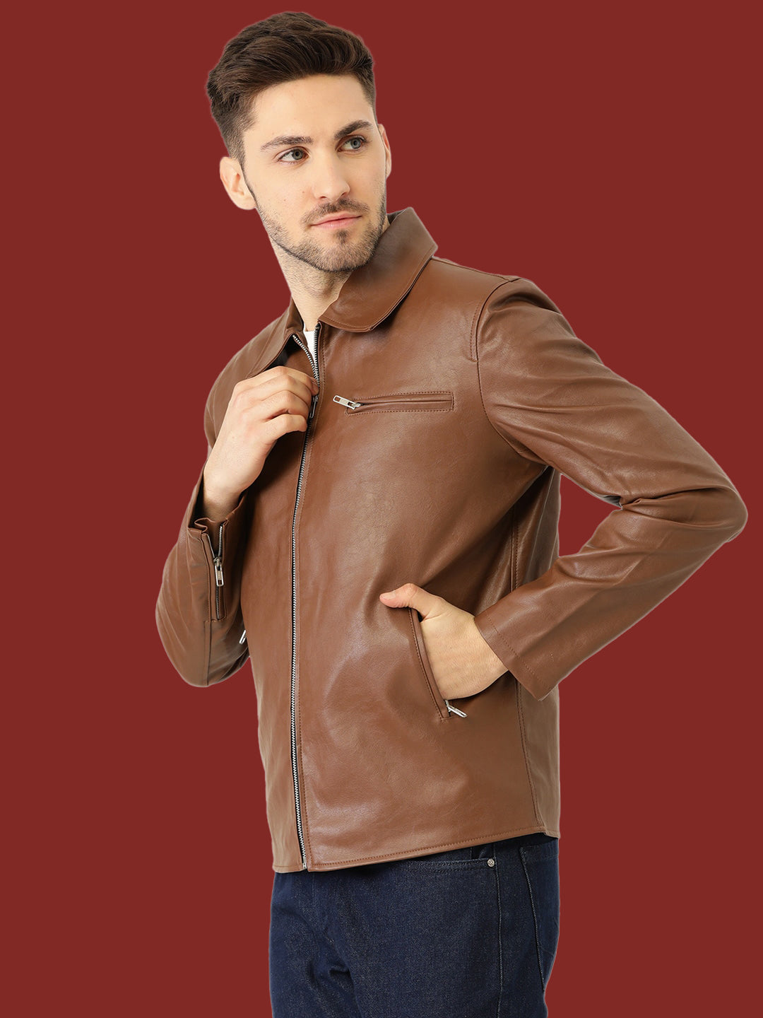 Leather Retail Men's Solid Biker Jacket (LRM33BR)