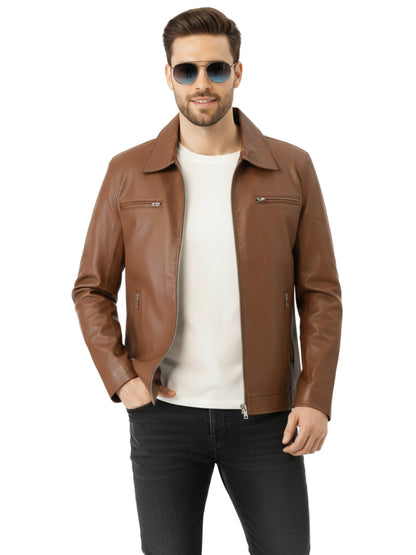 Leather Retail Men's Solid Biker Jacket ( LRAIM33BR )