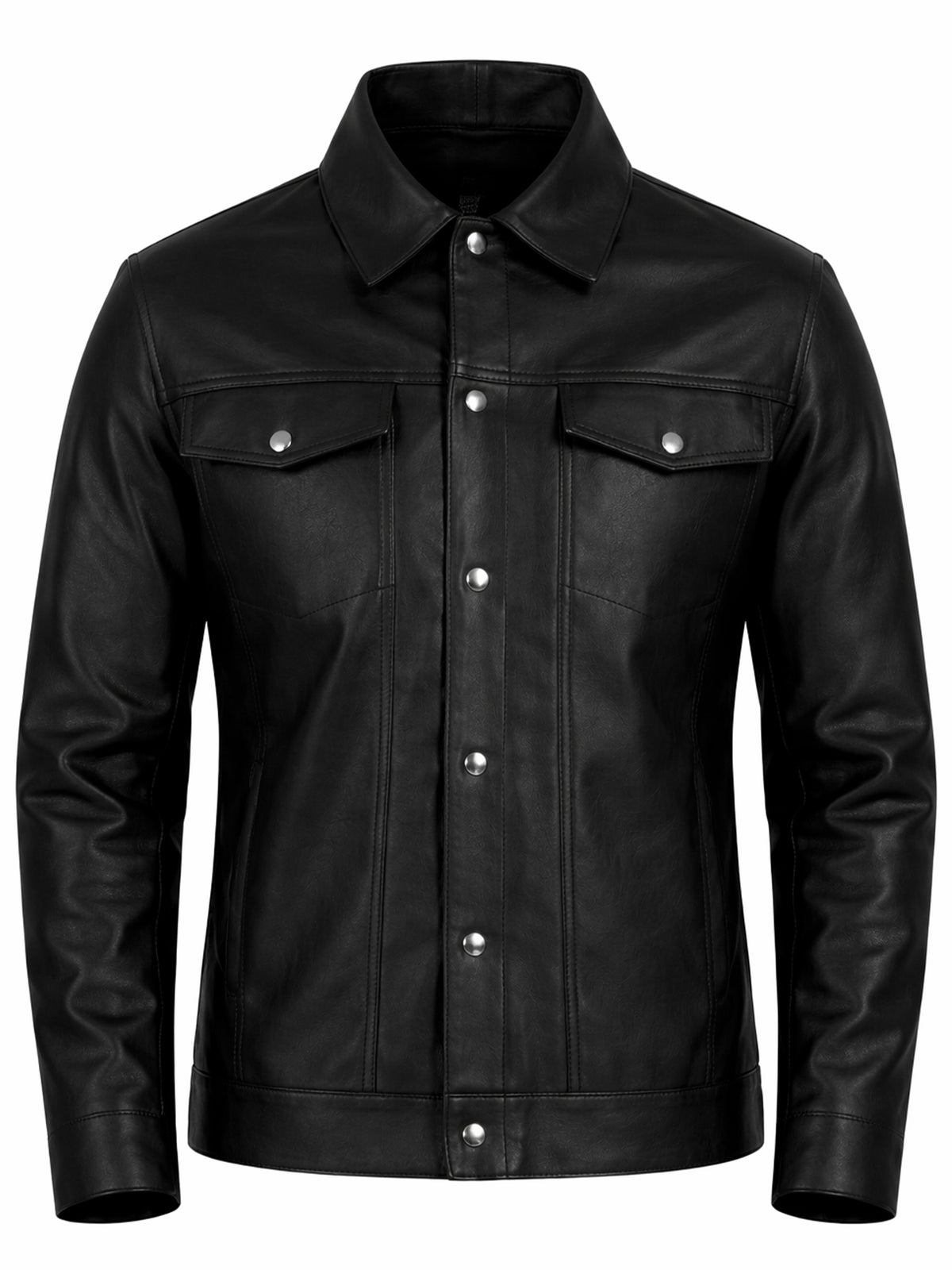 Leather Retail Black Faux Leather Jacket for Men's with Snap Button Closure