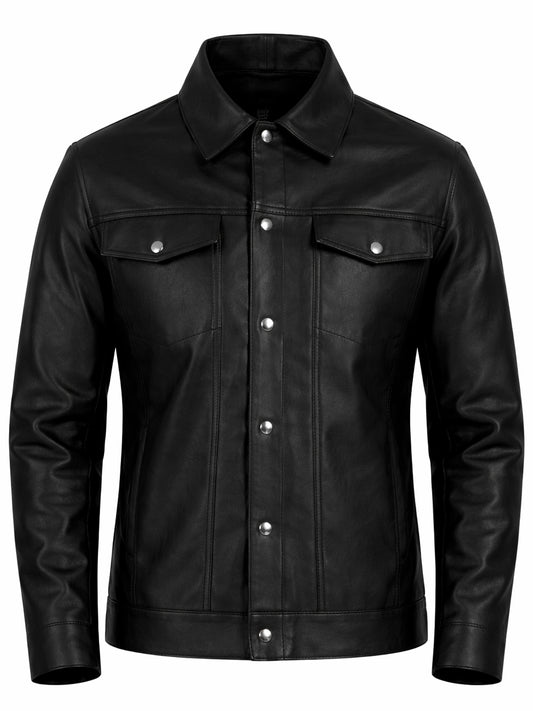 Leather Retail Black Faux Leather Jacket for Men's with Snap Button Closure