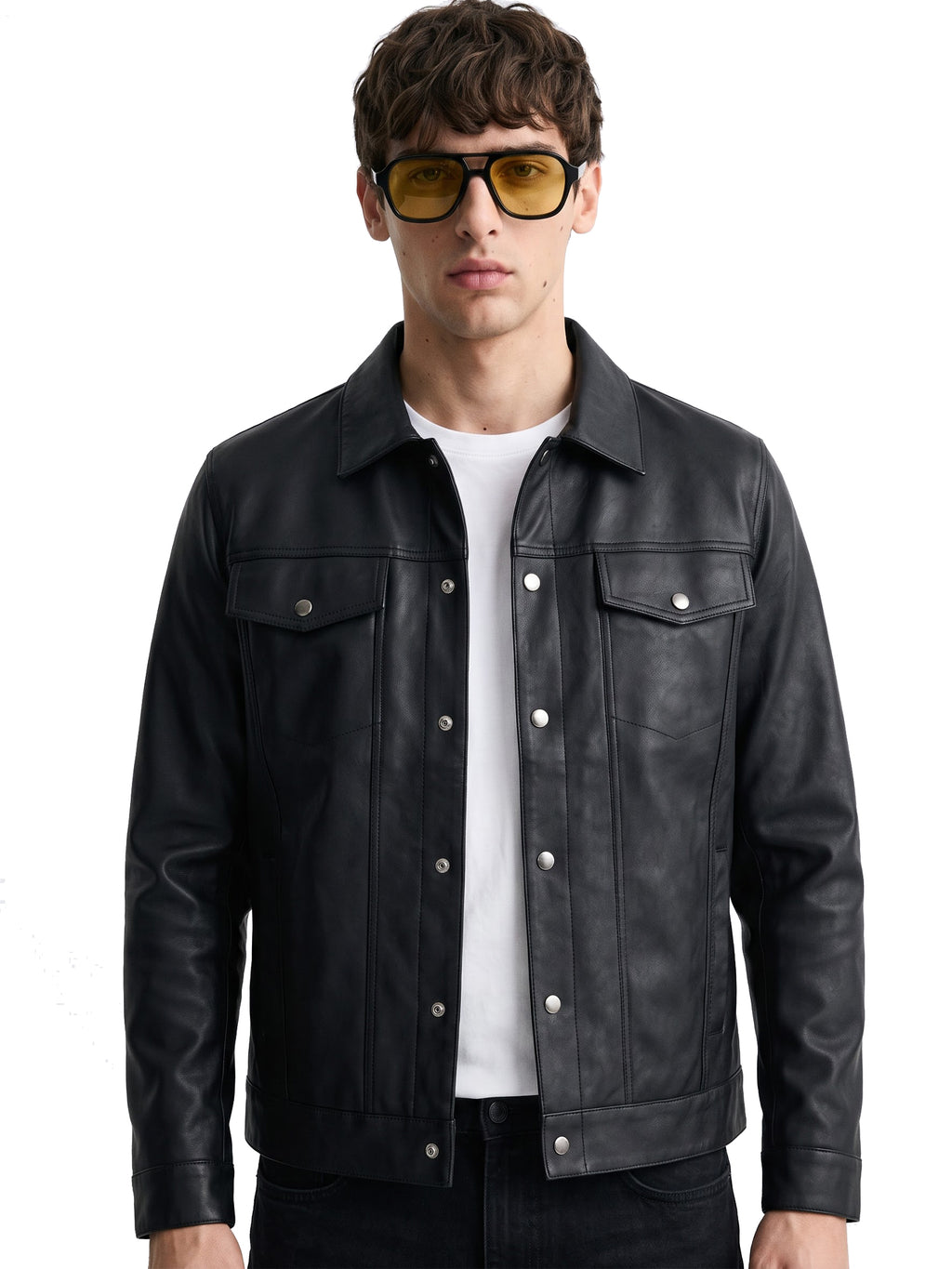 Leather Retail Black Faux Leather Jacket for Men's with Snap Button Closure ( LRM50BL )
