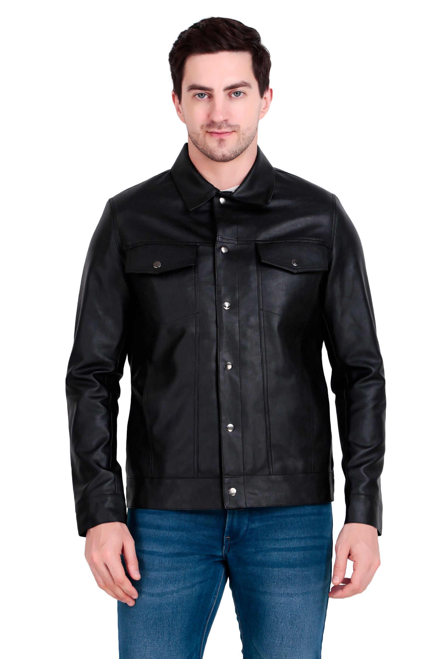 Leather Retail Black Faux Leather Jacket for Men's with Snap Button Closure