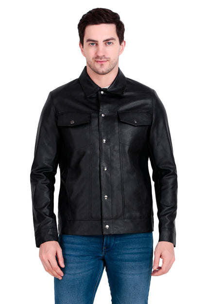 Leather Retail Black Faux Leather Jacket for Men's with Snap Button Closure