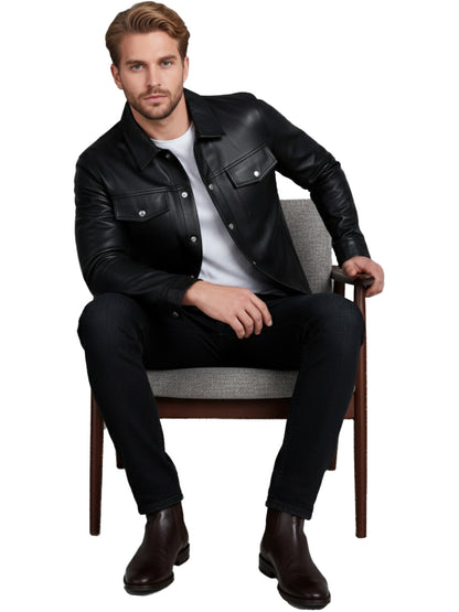 Leather Retail Black Faux Leather Jacket for Men's with Snap Button Closure ( LRAIM50BL )