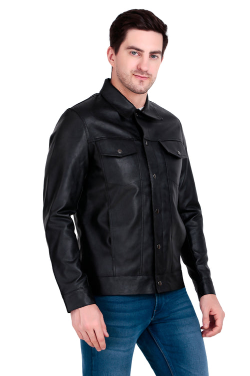 Leather Retail Black Faux Leather Jacket for Men's with Snap Button Closure