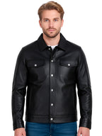Leather Retail Black Faux Leather Jacket for Men's with Snap Button Closure ( LRAIM50BL )