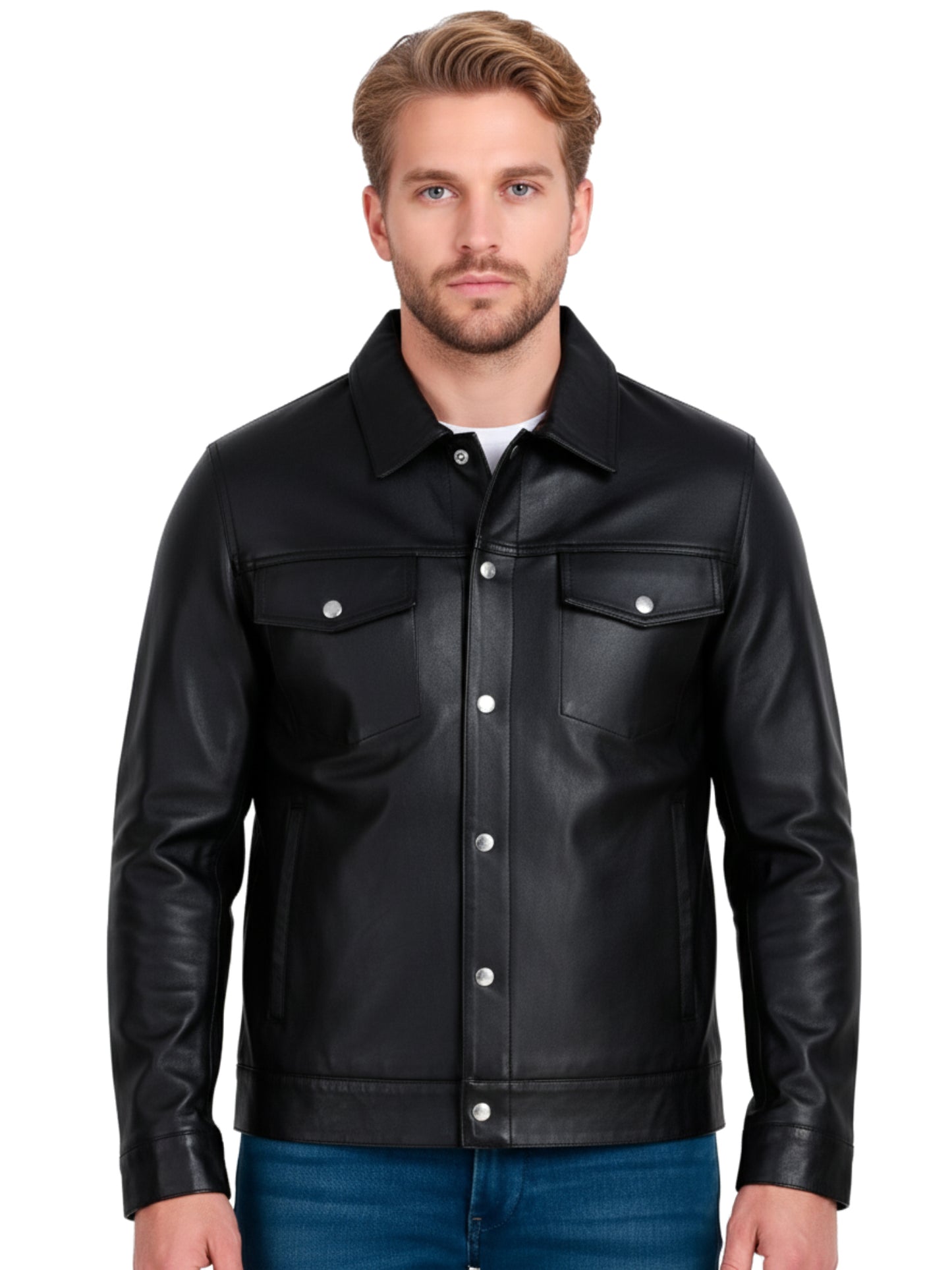 Leather Retail Black Faux Leather Jacket for Men's with Snap Button Closure ( LRAIM50BL )