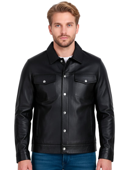 Leather Retail Black Faux Leather Jacket for Men's with Snap Button Closure ( LRAIM50BL )