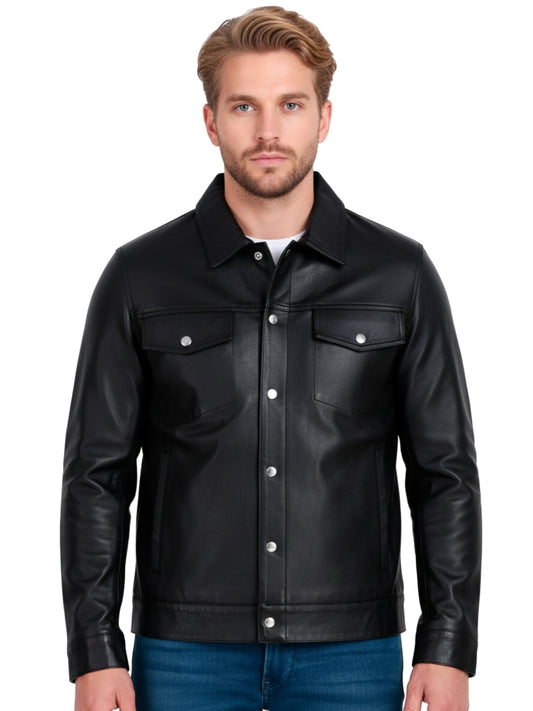 Leather Retail Black Faux Leather Jacket for Men's with Snap Button Closure ( LRAIM50BL )