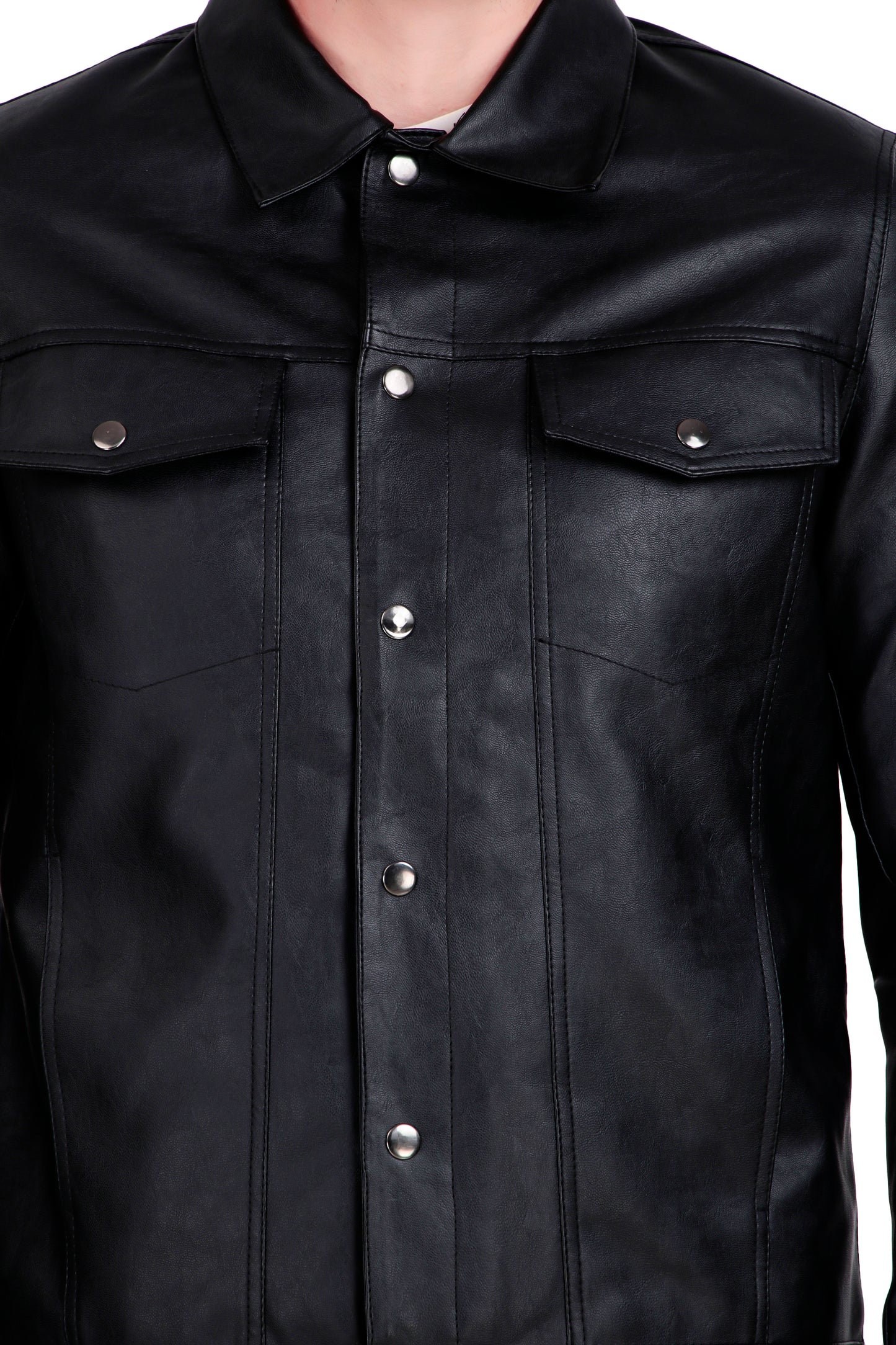 Leather Retail Black Faux Leather Jacket for Men's with Snap Button Closure