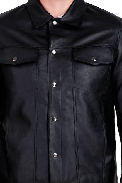 Leather Retail Black Faux Leather Jacket for Men's with Snap Button Closure