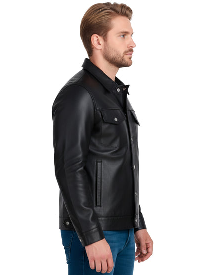 Leather Retail Black Faux Leather Jacket for Men's with Snap Button Closure ( LRAIM50BL )