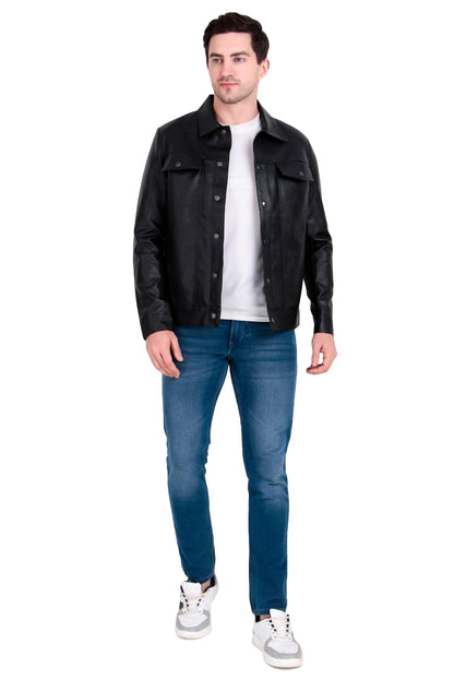 Leather Retail Black Faux Leather Jacket for Men's with Snap Button Closure