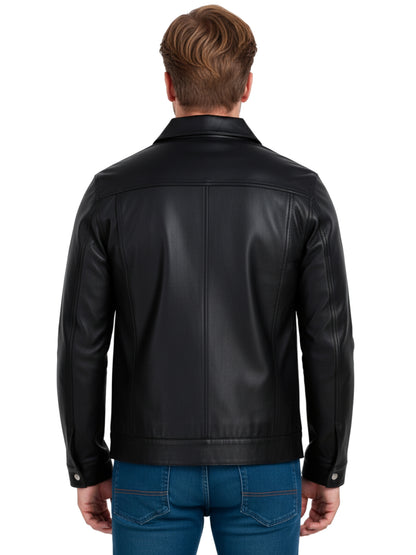 Leather Retail Black Faux Leather Jacket for Men's with Snap Button Closure ( LRAIM50BL )