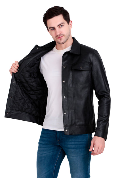 Leather Retail Black Faux Leather Jacket for Men's with Snap Button Closure