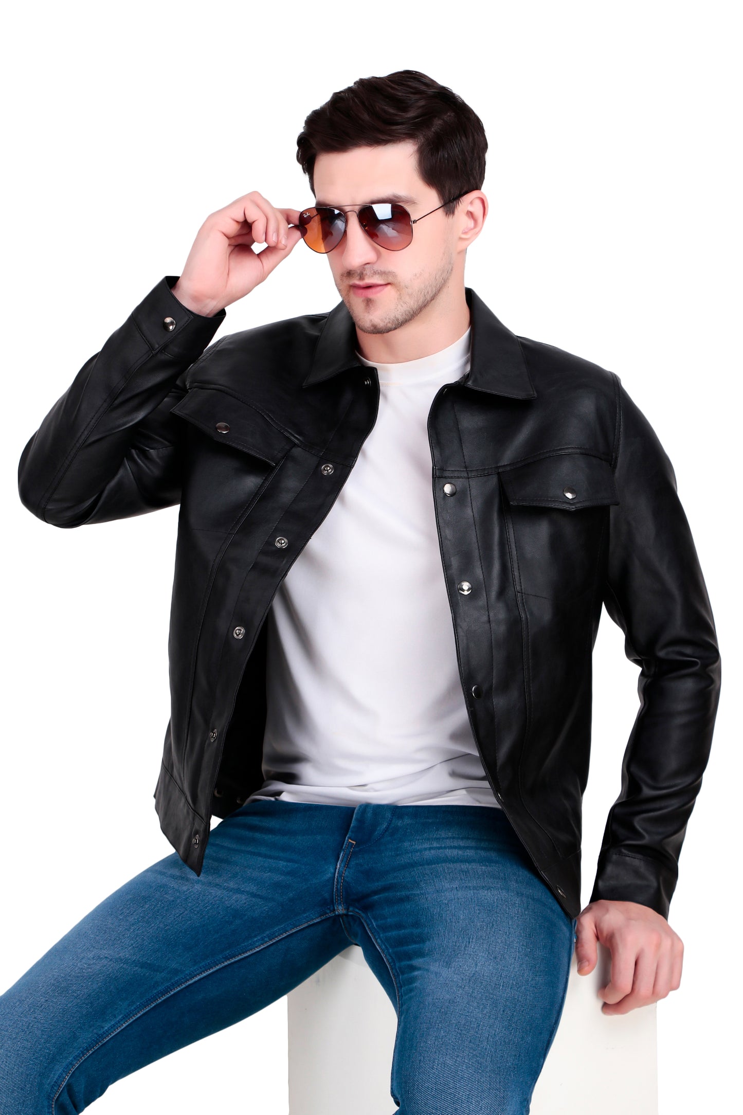 Leather Retail Black Faux Leather Jacket for Men's with Snap Button Closure