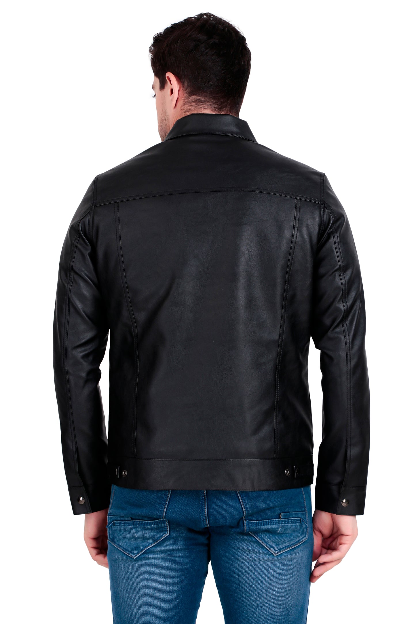 Leather Retail Black Faux Leather Jacket for Men's with Snap Button Closure