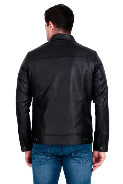 Leather Retail Black Faux Leather Jacket for Men's with Snap Button Closure