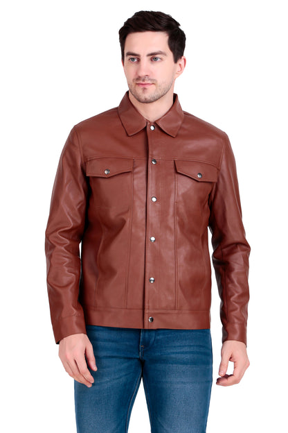 Leather Retail Brown Faux Leather Jacket for Men's with Snap Button Closure