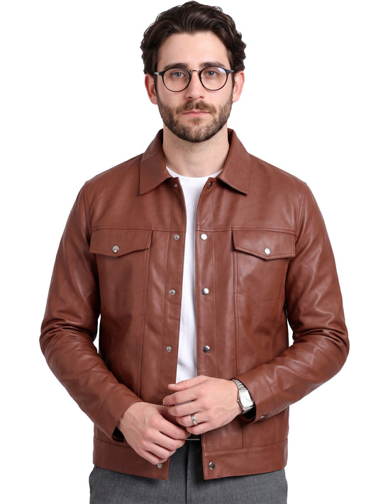 Leather Retail Brown Faux Leather Jacket for Men's with Snap Button Closure