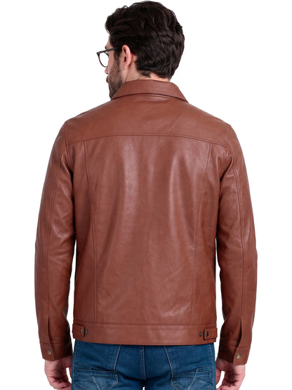 Leather Retail Brown Faux Leather Jacket for Men's with Snap Button Closure