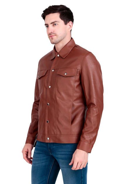 Leather Retail Brown Faux Leather Jacket for Men's with Snap Button Closure