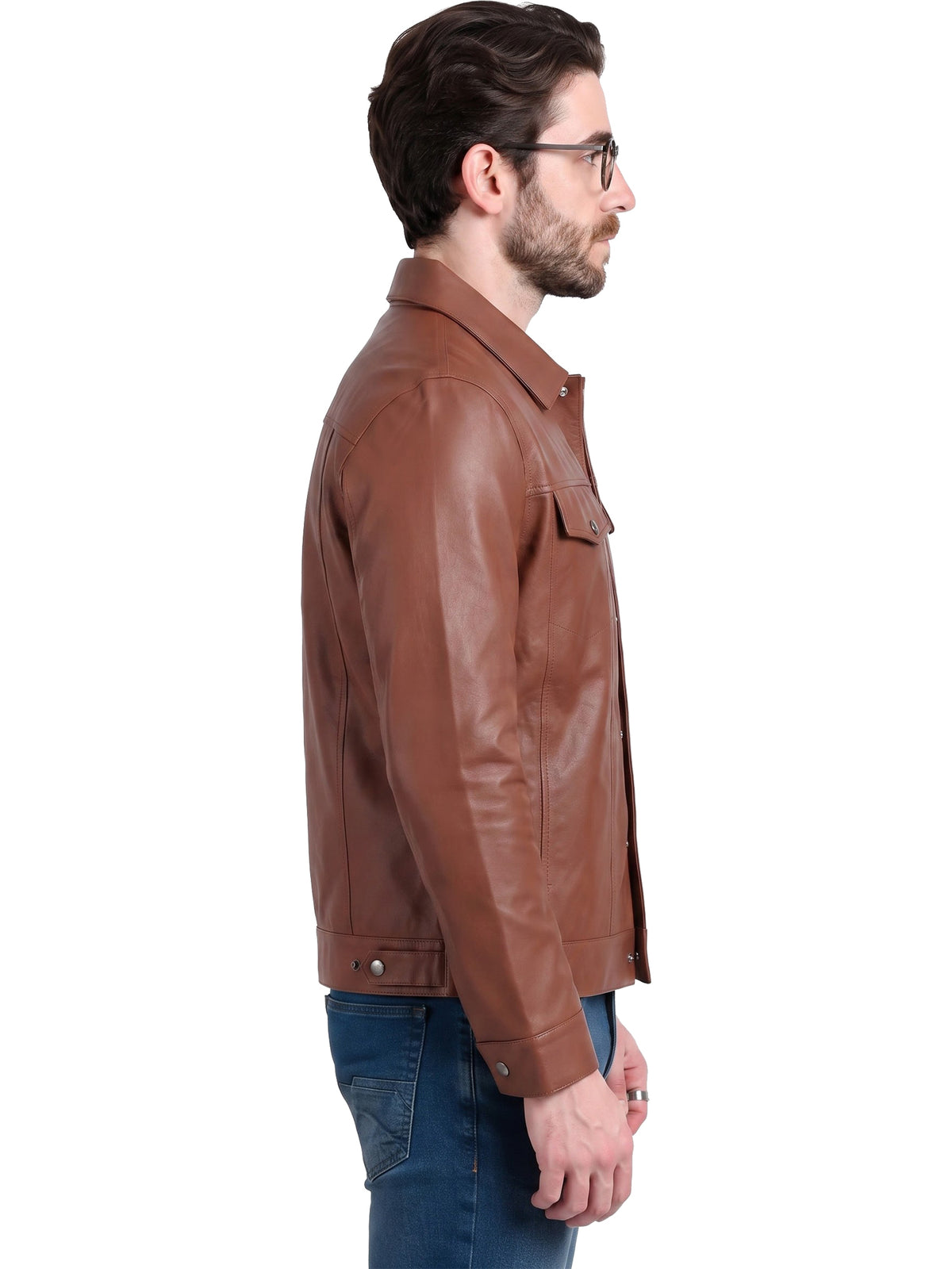 Leather Retail Brown Faux Leather Jacket for Men's with Snap Button Closure