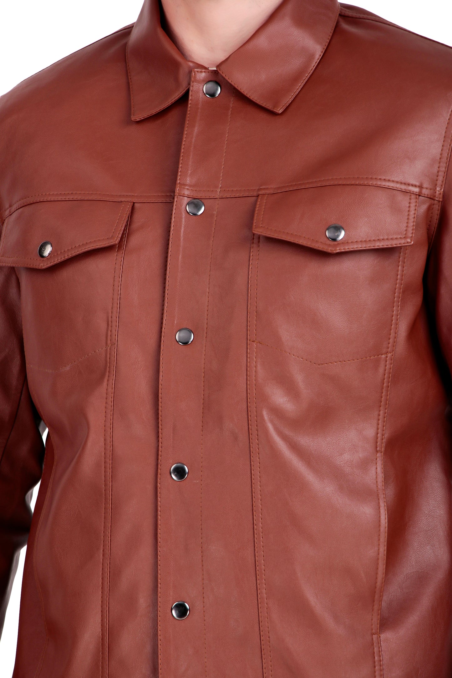 Leather Retail Brown Faux Leather Jacket for Men's with Snap Button Closure