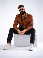 Leather Retail Brown Faux Leather Jacket for Men's with Snap Button Closure ( LRAIM50BR )