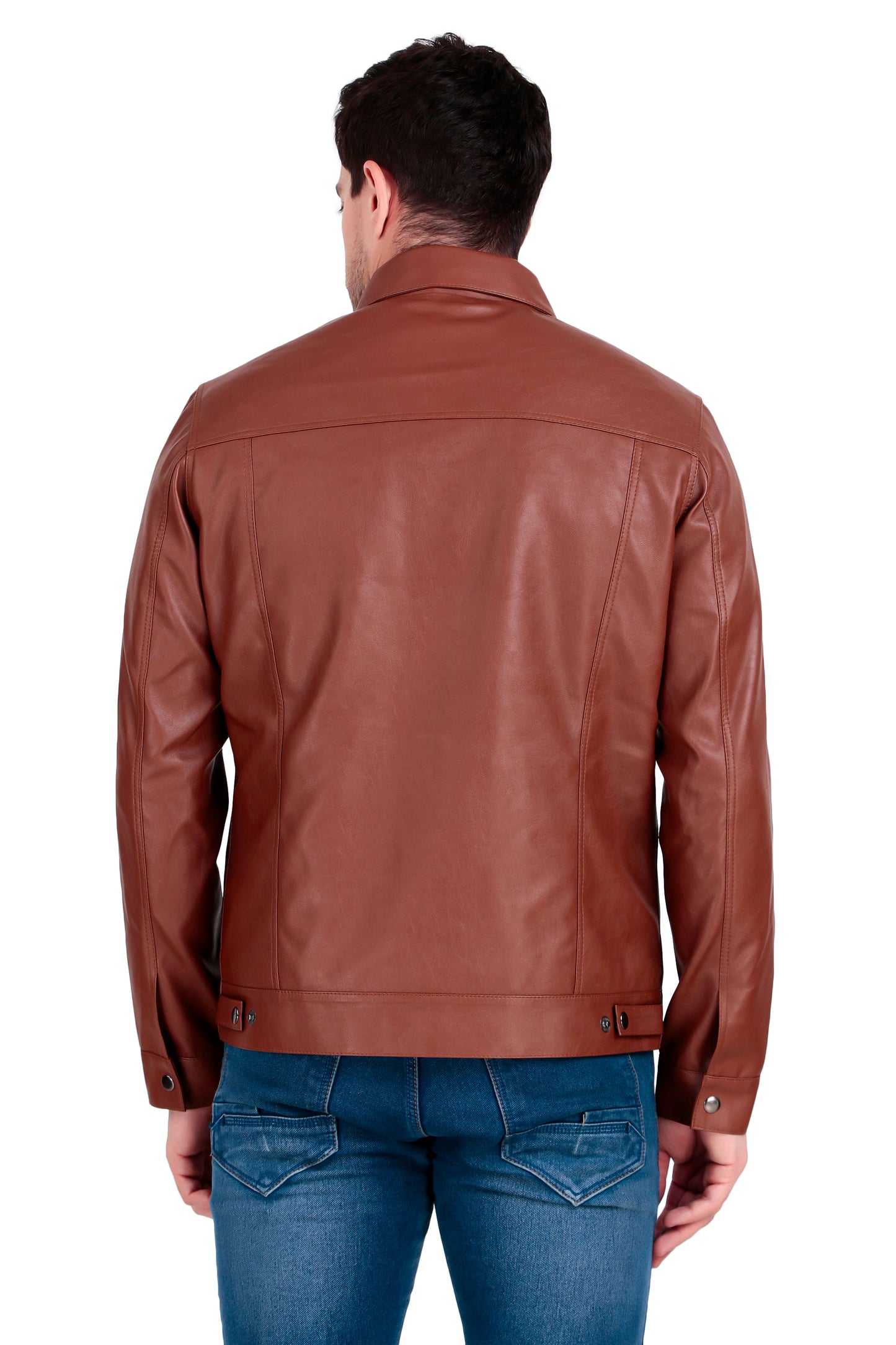 Leather Retail Brown Faux Leather Jacket for Men's with Snap Button Closure