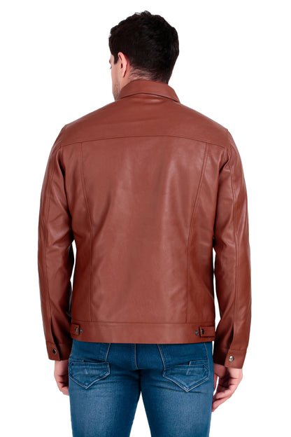 Leather Retail Brown Faux Leather Jacket for Men's with Snap Button Closure