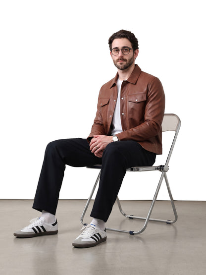 Leather Retail Brown Faux Leather Jacket for Men's with Snap Button Closure