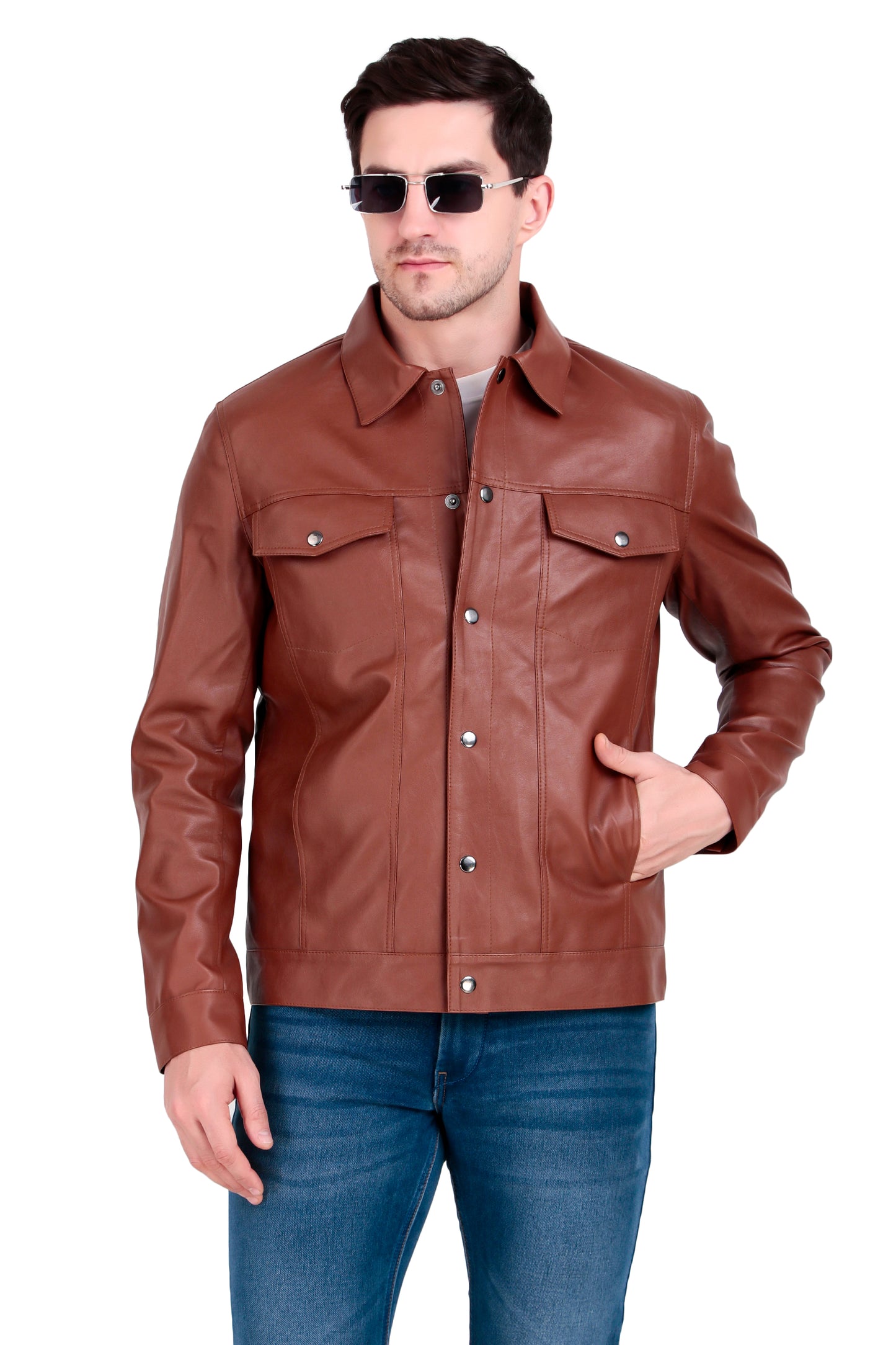 Leather Retail Brown Faux Leather Jacket for Men's with Snap Button Closure