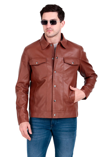 Leather Retail Brown Faux Leather Jacket for Men's with Snap Button Closure